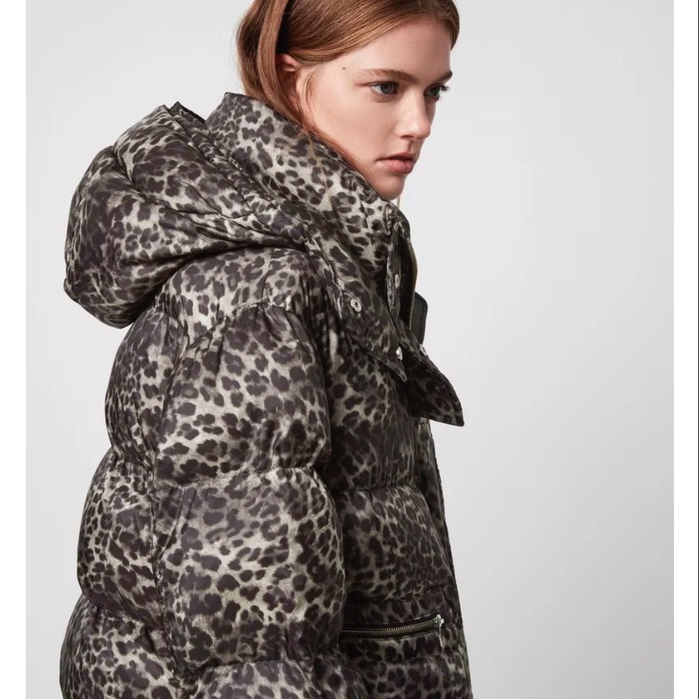All Saints Brown Leopard Puffer Jacket